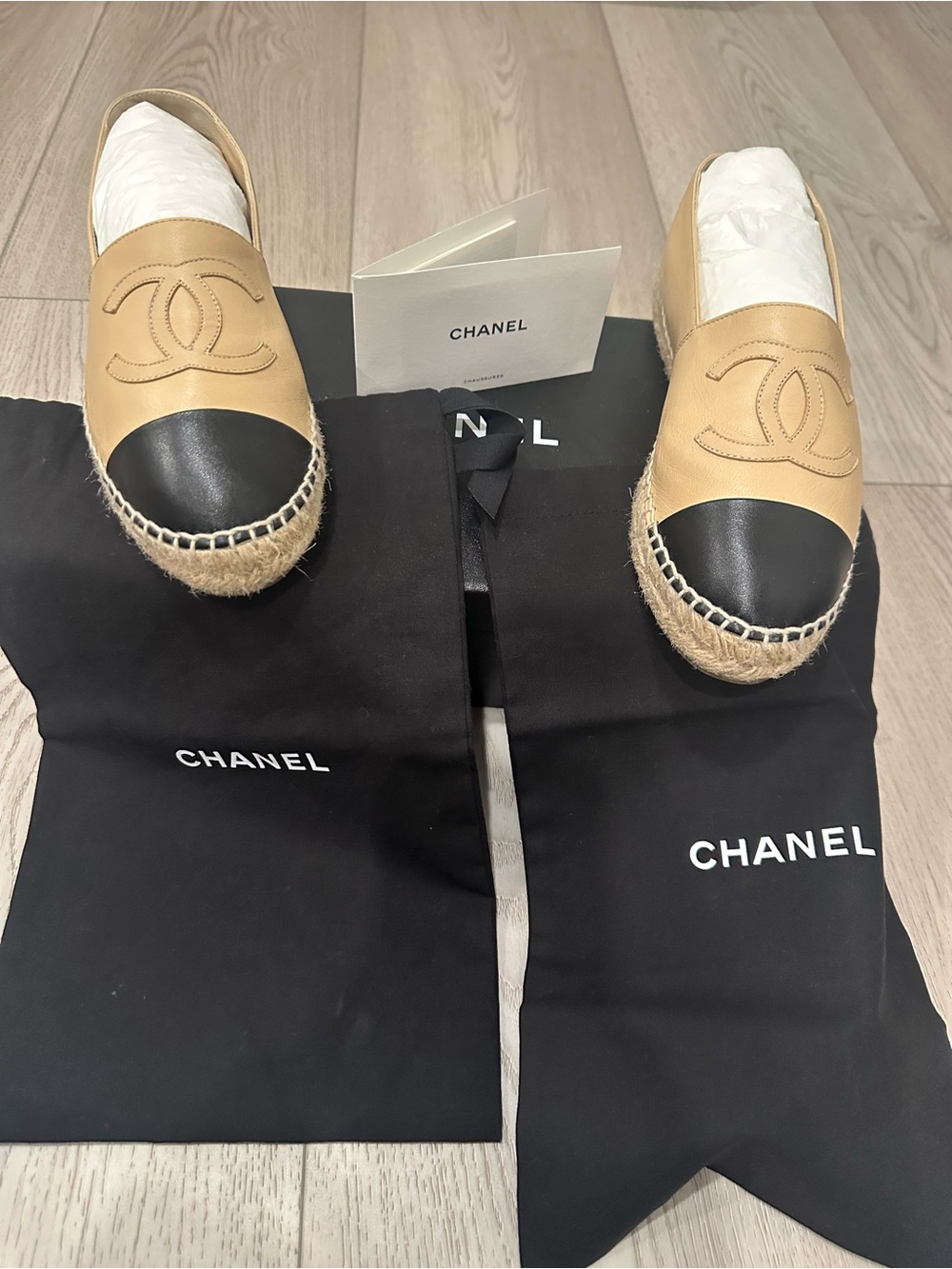 CHANEL Tan Leather Espadrilles with Black Cap Toe